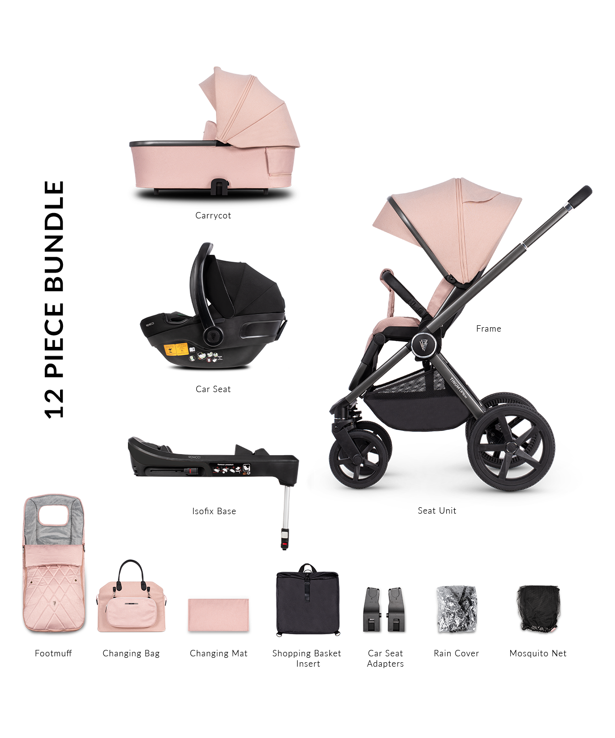 Venicci Upline Pram Pushchair Travel System Misty Rose